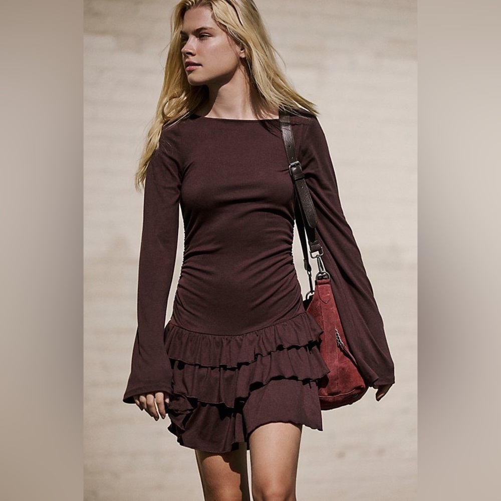 Free People Good Feels Ruffle Mini Dress Aubergine Brown Long Sleeve Small